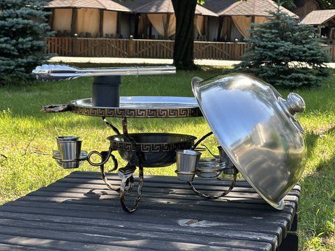 Подставка для мяса Садж Греция 36 см+3 соусницы+ 6 рюмок нерж+ щипцы 36Гр.нерж.щ фото