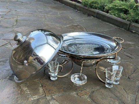Подставка для мяса. Садж 36 см глубокий поднос + 3соусницы + 6рюмок стекло. Без щипцов 36.ГЛ.стекло фото