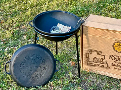 Чавунний казан WOK 15 л з кришкою-сковородою та триногою ТМ Майстерня / Набір для пікніка казан ВОК 40.5 см і підставка W41-2+тренога  15 фото