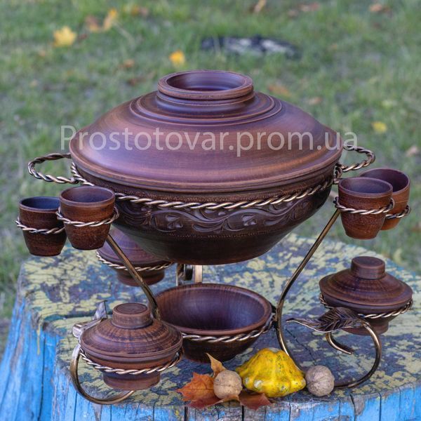 Глиняный садж 3.5 л (диаметр 30 см) с кованой подставкой, соусницами и рюмками, глиняная шашлычница 2017088401 фото